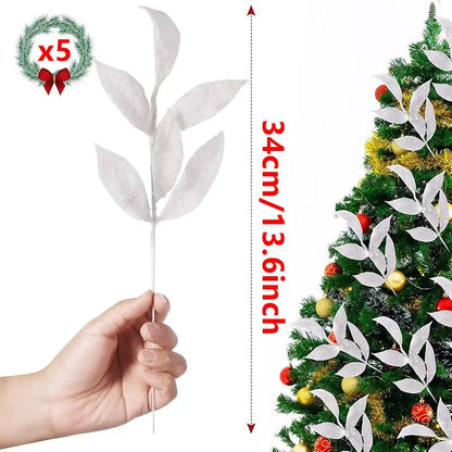 5Pcs Christmas Decoration Glitter Artificial Leaves Bouquet Xmas Tree for Home Decor DIY Wreath Crafts Gift Garland Accessories