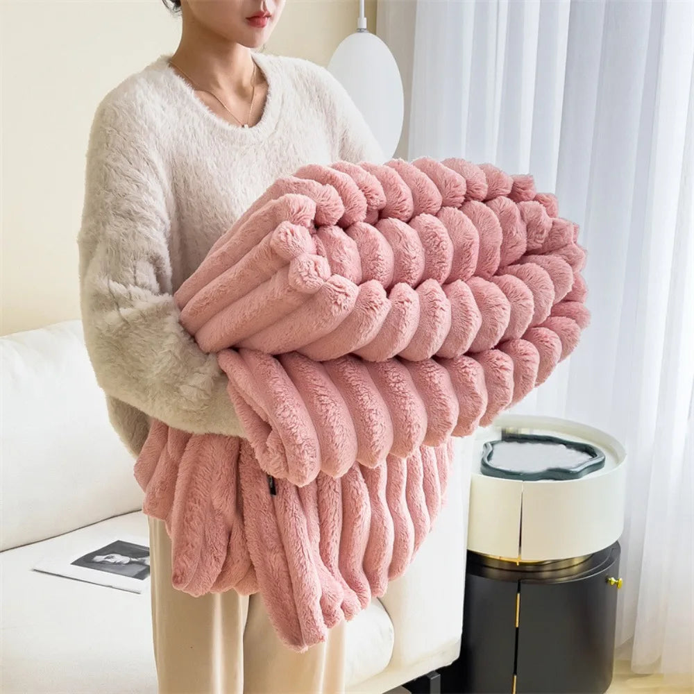 New Cotton Warm Blanket Spandex Solid Color Throw Blanket Skin-Friendly Double Sided Plush Striped Blankets Home Office