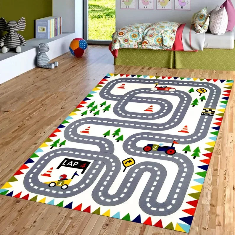 Race Track Play Rug Kids Playroom Kilim Base Racetrack Room Rug Non-Slip Car Play Mat Living Room Bedroom Home Decor Carpet