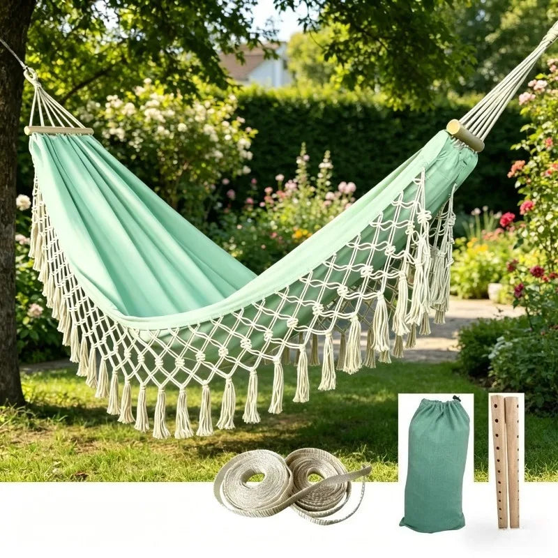 Outdoor Fringed Canvas Hammock - Portable Anti-slip Fringed Hammock for Camping - Bohemian Style Outdoor Camping Hammock