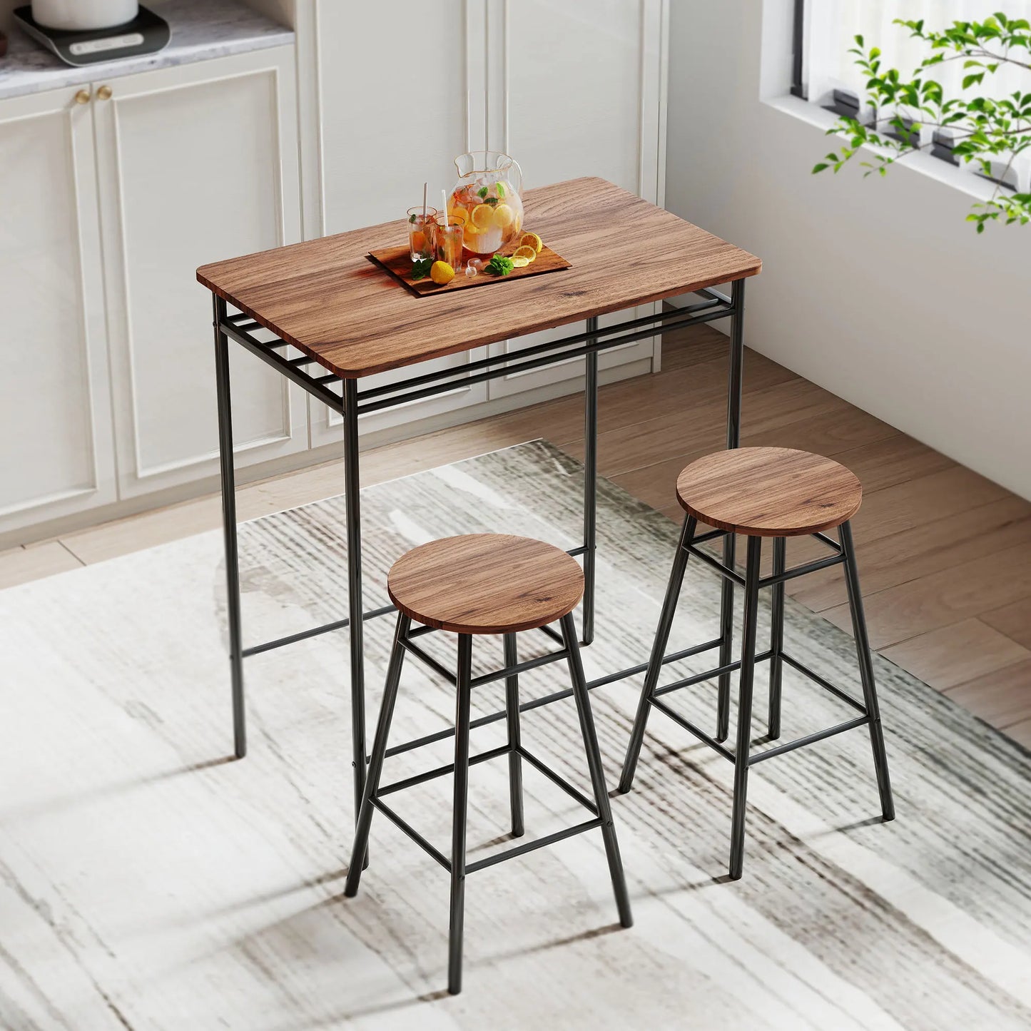Homcom Set 1 Table + 2 Metal Bar Stools, Brown Mdf