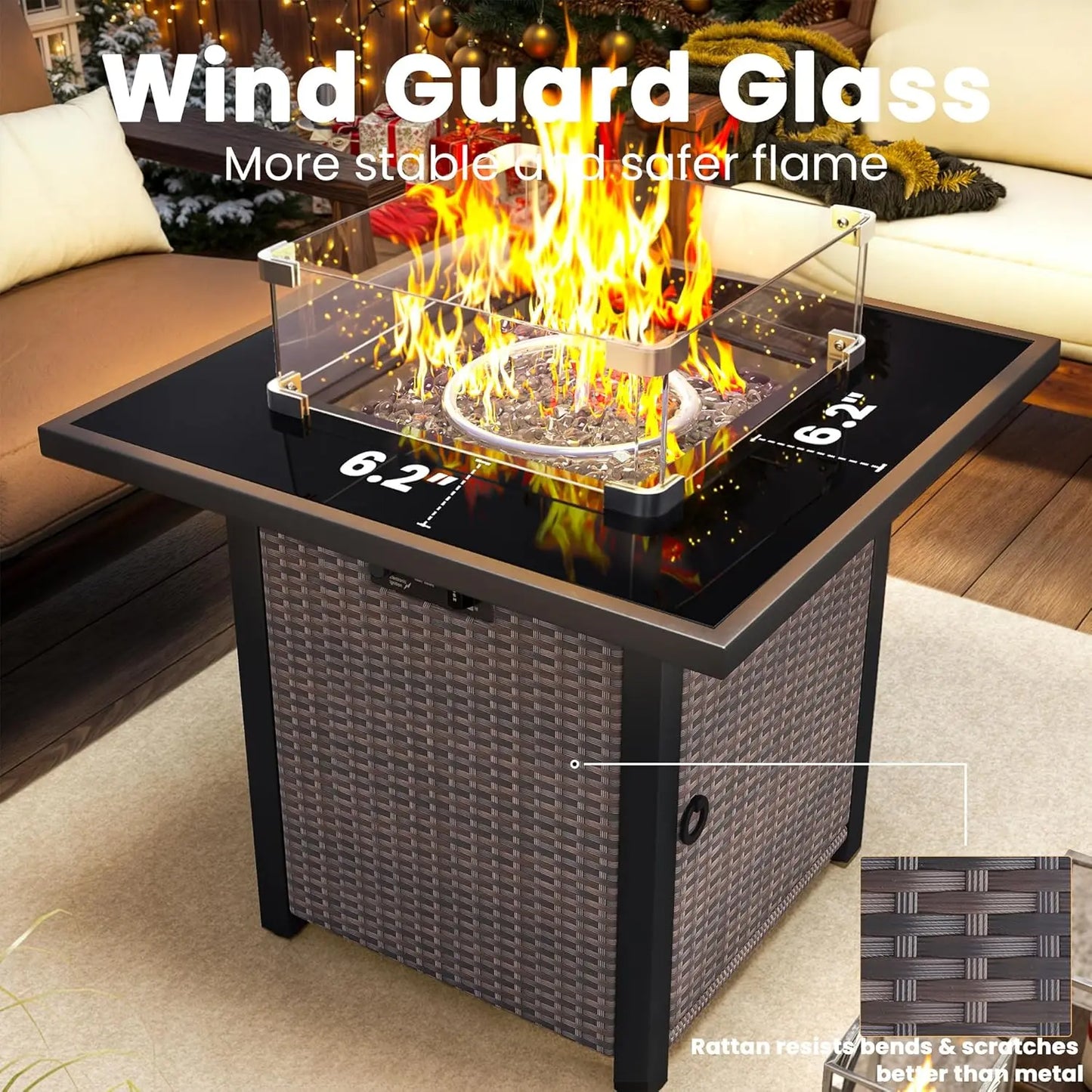 27" Square Rattan Propane Fire Pit Table with Glass Wind Guard Tempered Lid 50000 BTU CSA for Patio Deck Garden Customized