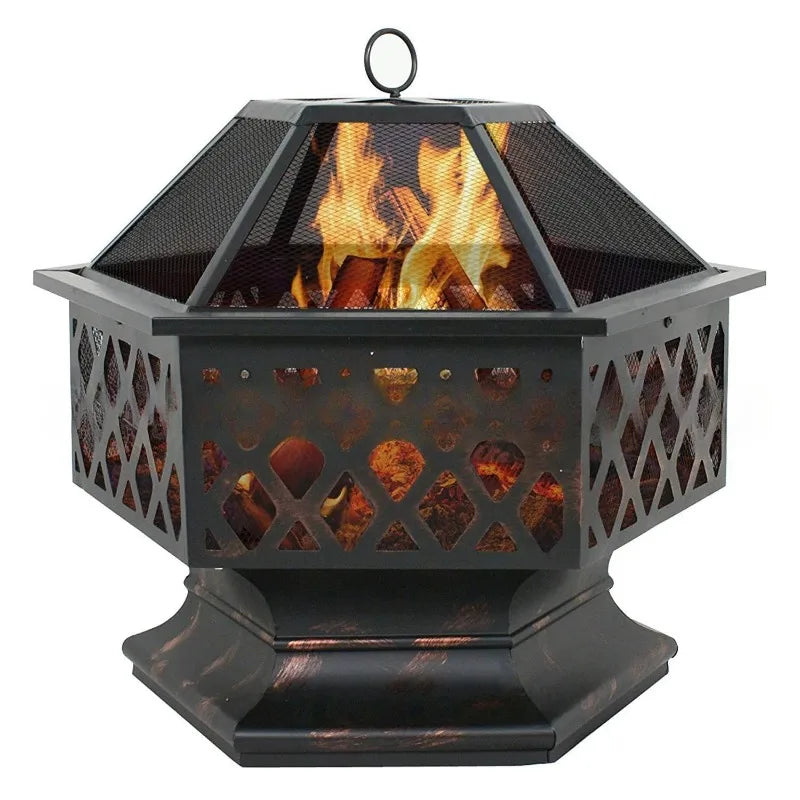 Portable Courtyard Metal Fire Pit 22" Hexagonal Shaped Iron Brazier Wood Burning Fire Pit Decoration for Backyard Poolside