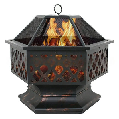 Portable Courtyard Metal Fire Pit 22" Hexagonal Shaped Iron Brazier Wood Burning Fire Pit Decoration for Backyard Poolside