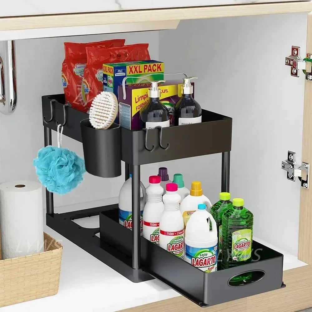 Kitchen Bathroom Under Sink Organizer 2-Tier Sliding Storage Basket Multipurpose Shelf with Hanging Cup and Hook Accessories