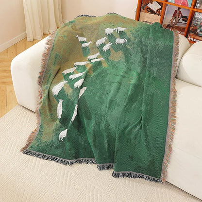 Textile City Sheep Herd Green Meadow Jacquard Woven Throw Blanket Whimsical Countryside Farm Animal Fringed Decor Sofa Blanket