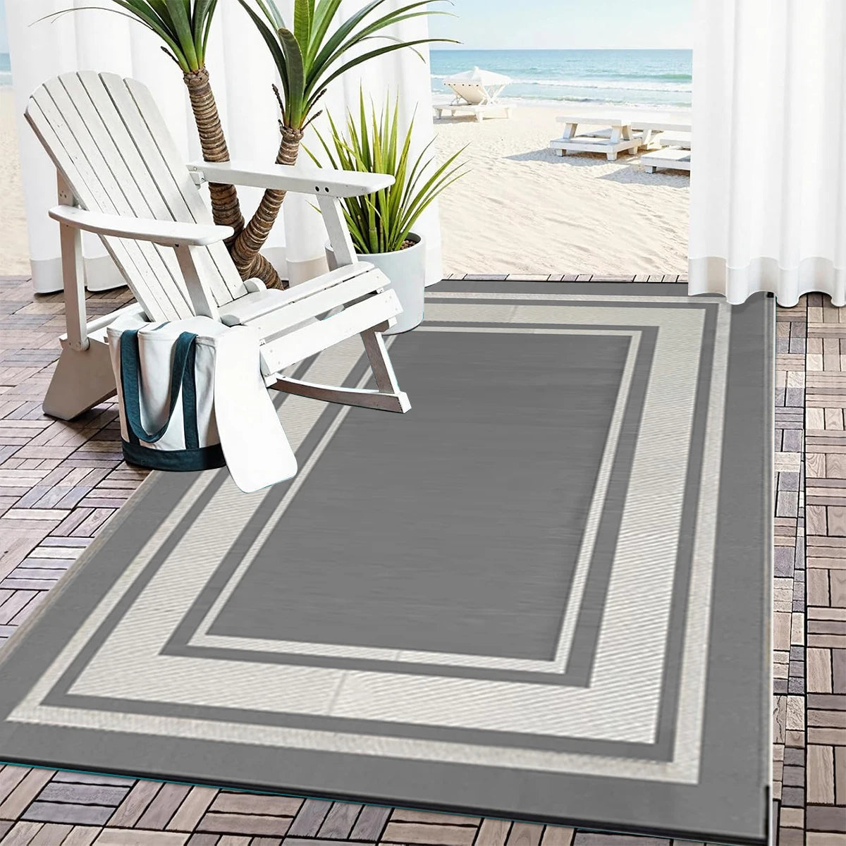 RURALITY Outdoor Rug  Waterproof for Patio Clearance Large Plastic Straw Mat for Camping Porch RV Reversible Grey&White