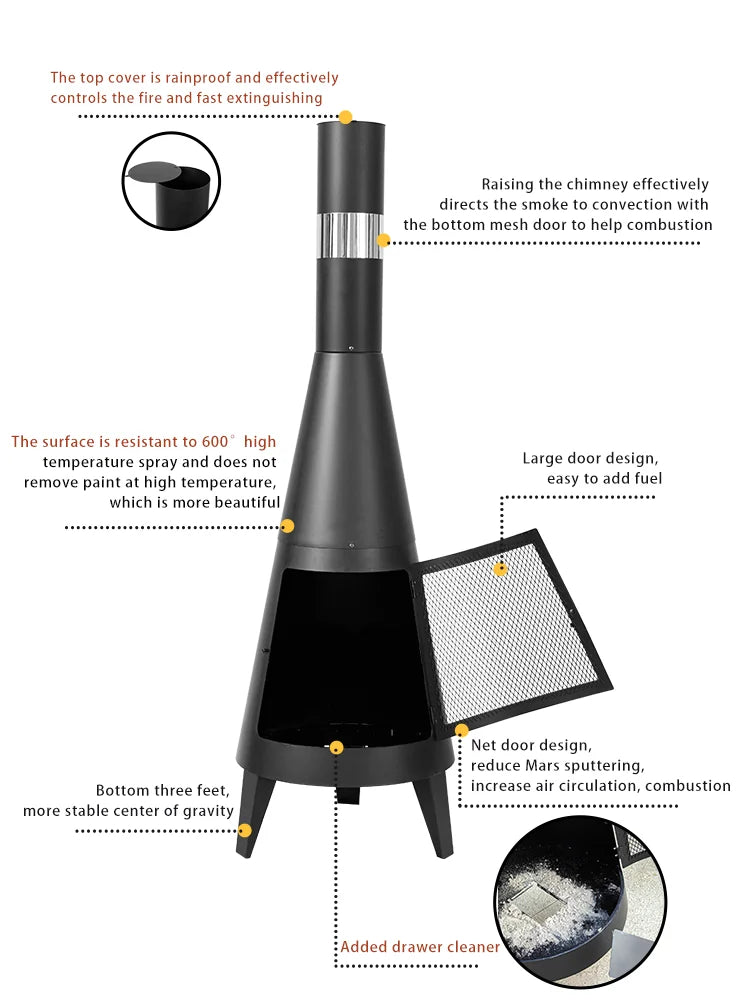 Black Mexican Chiminea Outdoor Fire Pit With Chimney Wood Burning Garden Fireplace For Barbecue Garden Firepit