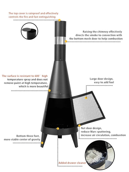 Black Mexican Chiminea Outdoor Fire Pit With Chimney Wood Burning Garden Fireplace For Barbecue Garden Firepit