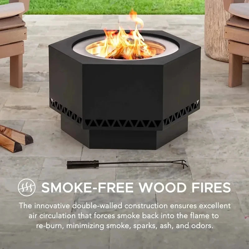 in. Hexagonal Outdoor Pit, Patio Wood Burning Smokels Firepit/PVC Cover and Fire Poker,