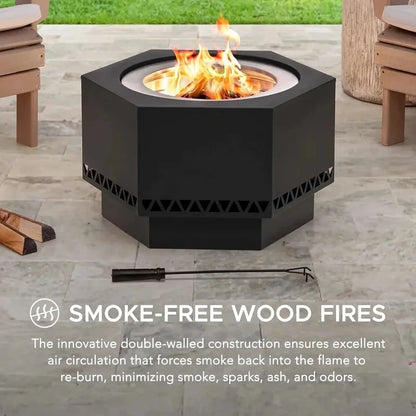 in. Hexagonal Outdoor Pit, Patio Wood Burning Smokels Firepit/PVC Cover and Fire Poker,