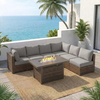 7-Piece Outdoor Sectional Sofa Set with 42 Fire Pit Table and Cushions, Grey