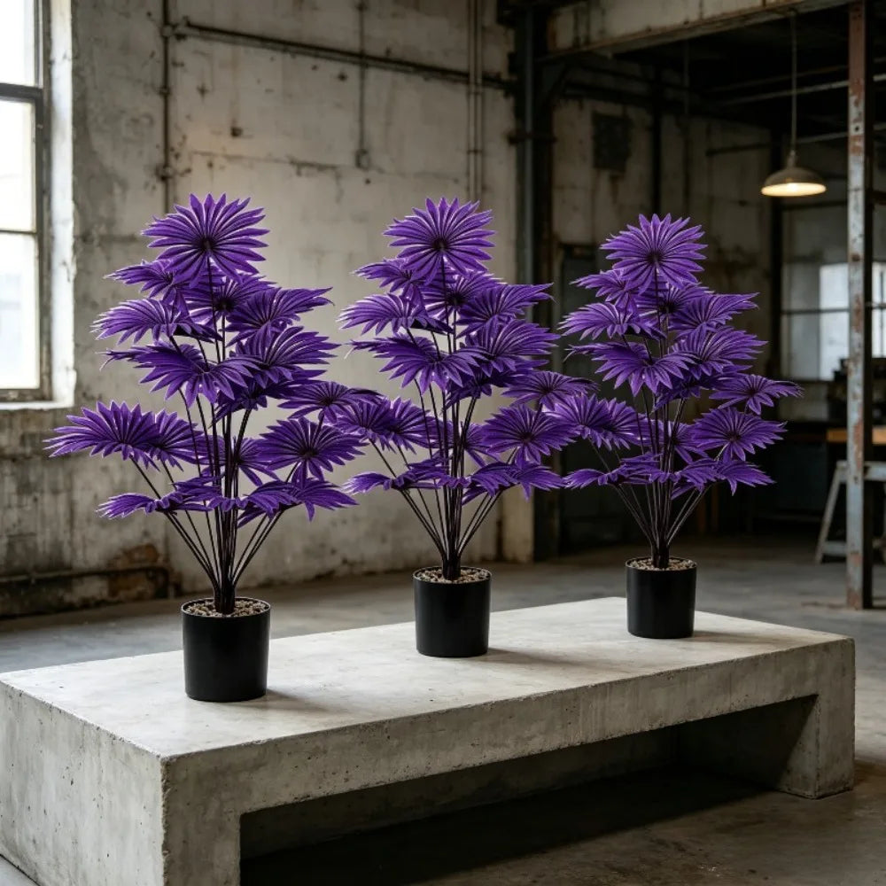 3pc Simulation Artificial Plant Purple Palm Fake Tree Green Plant with 36Leaves Niversal Indoor/Outdoor Display in All Seasons