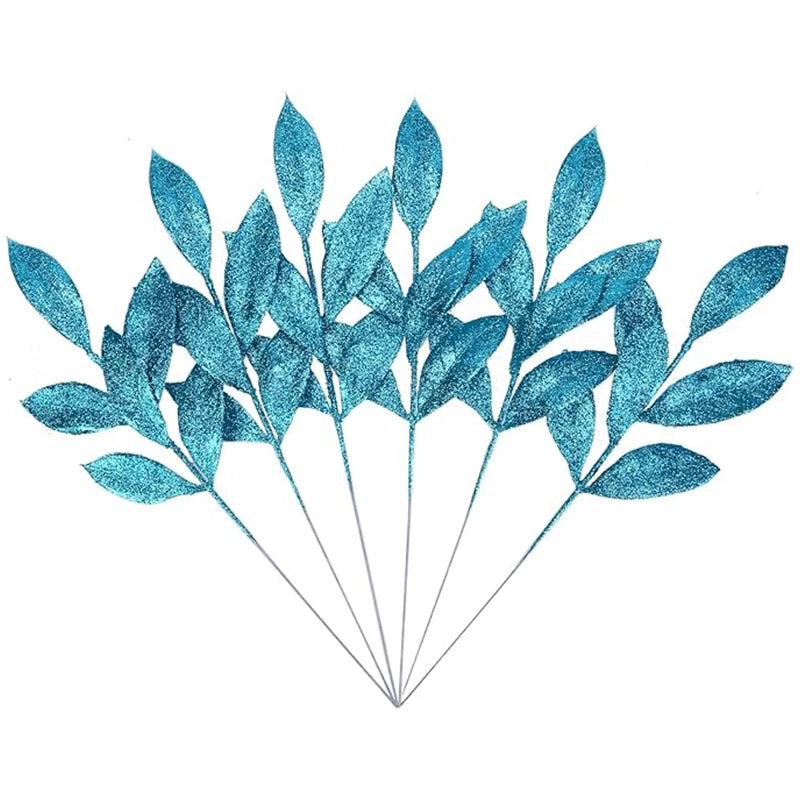 5Pcs Christmas Decoration Glitter Artificial Leaves Bouquet Xmas Tree for Home Decor DIY Wreath Crafts Gift Garland Accessories