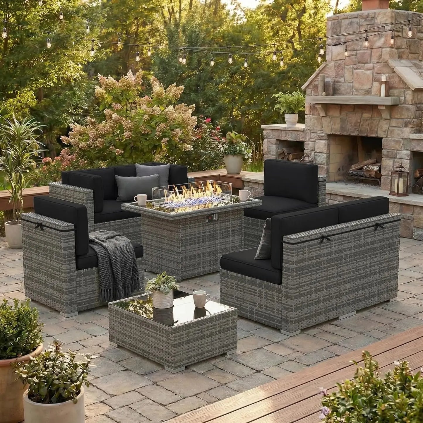 8 Pieces Patio Furniture Set with 44" Propane Gas Fire Pit Table, Outdoor Sectional Wicker Conversation Sofa Sets, Customized