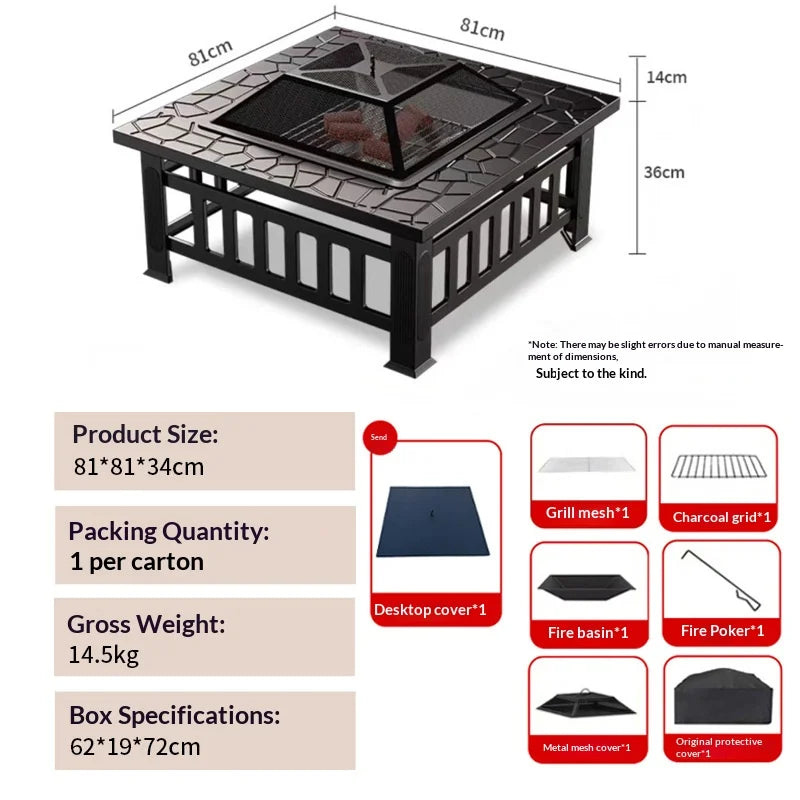 3-in-1 Outdoor Fire Pit BBQ Grill Round Charcoal Table Fireplace with Cooking Grate Heavy Duty Metal for Patio Backyard Party