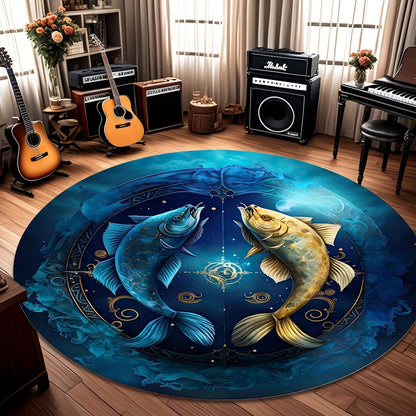 Round Yin Yang Dragon Koi Rug 2D Mythical Beast Rug Washable Non Slip Floor Mat for Living Room Bedroom Gaming Room Home Decor
