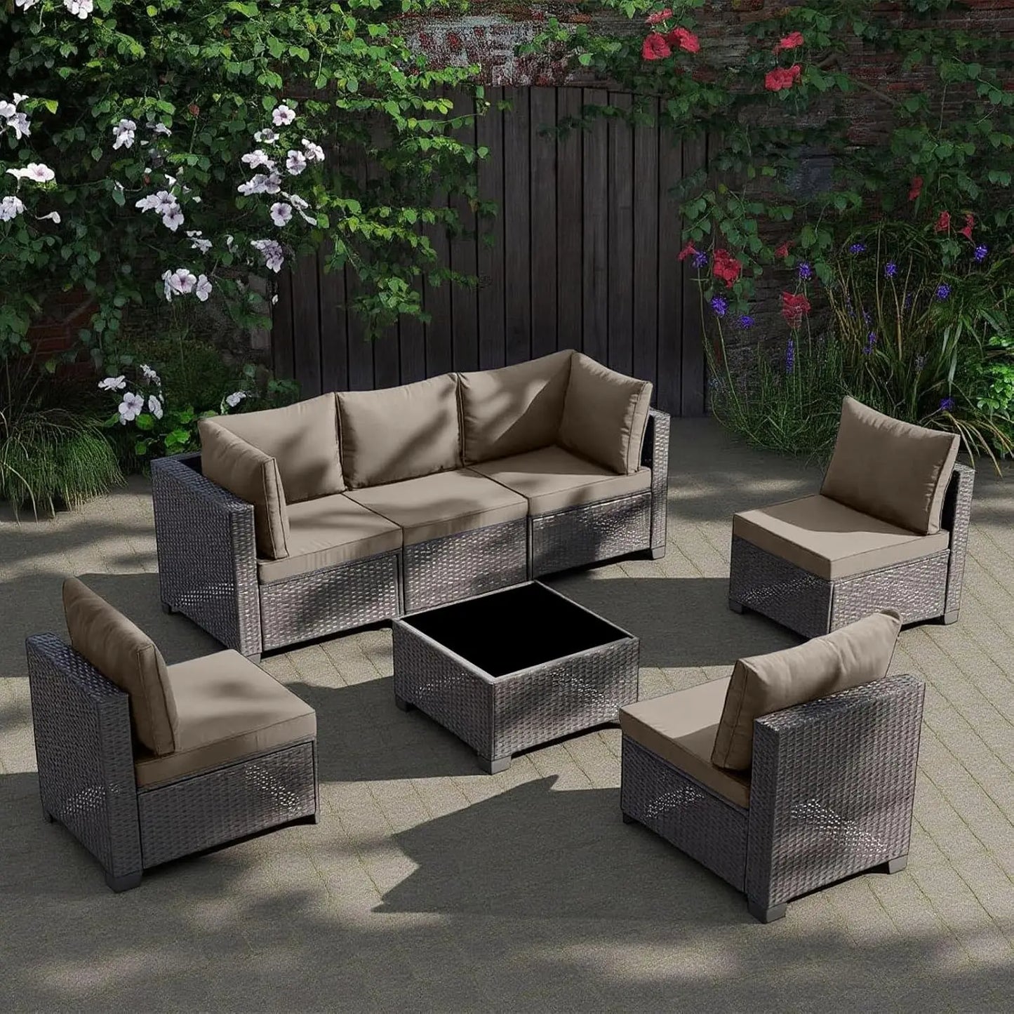 7 Pieces Outdoor Patio Furniture Sets, All-Weather Sectional Sofa Dark Brown PE Rattan Wicker Conversation, Customized