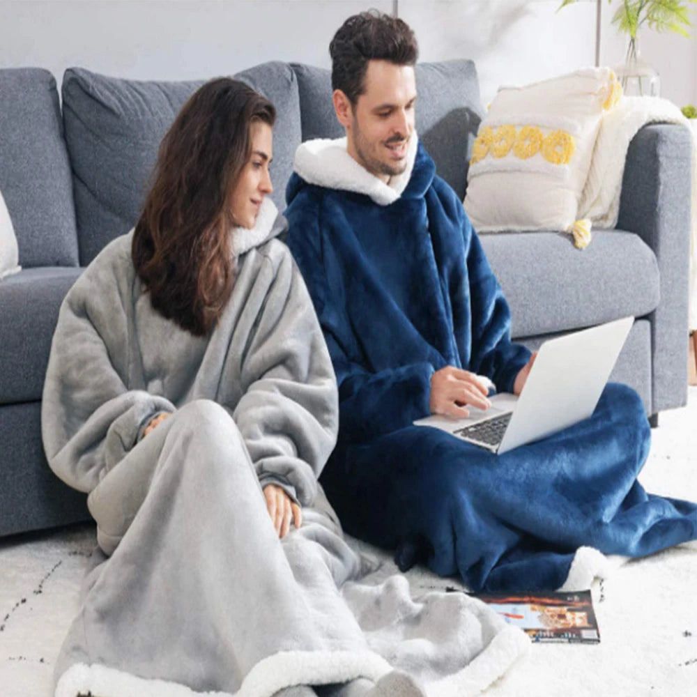 Extra Long Wearable Blankets Winter Flannel Hooded Blanket with Full Sleeves Men Women Cozy Soft Throw Adult TV Blanket