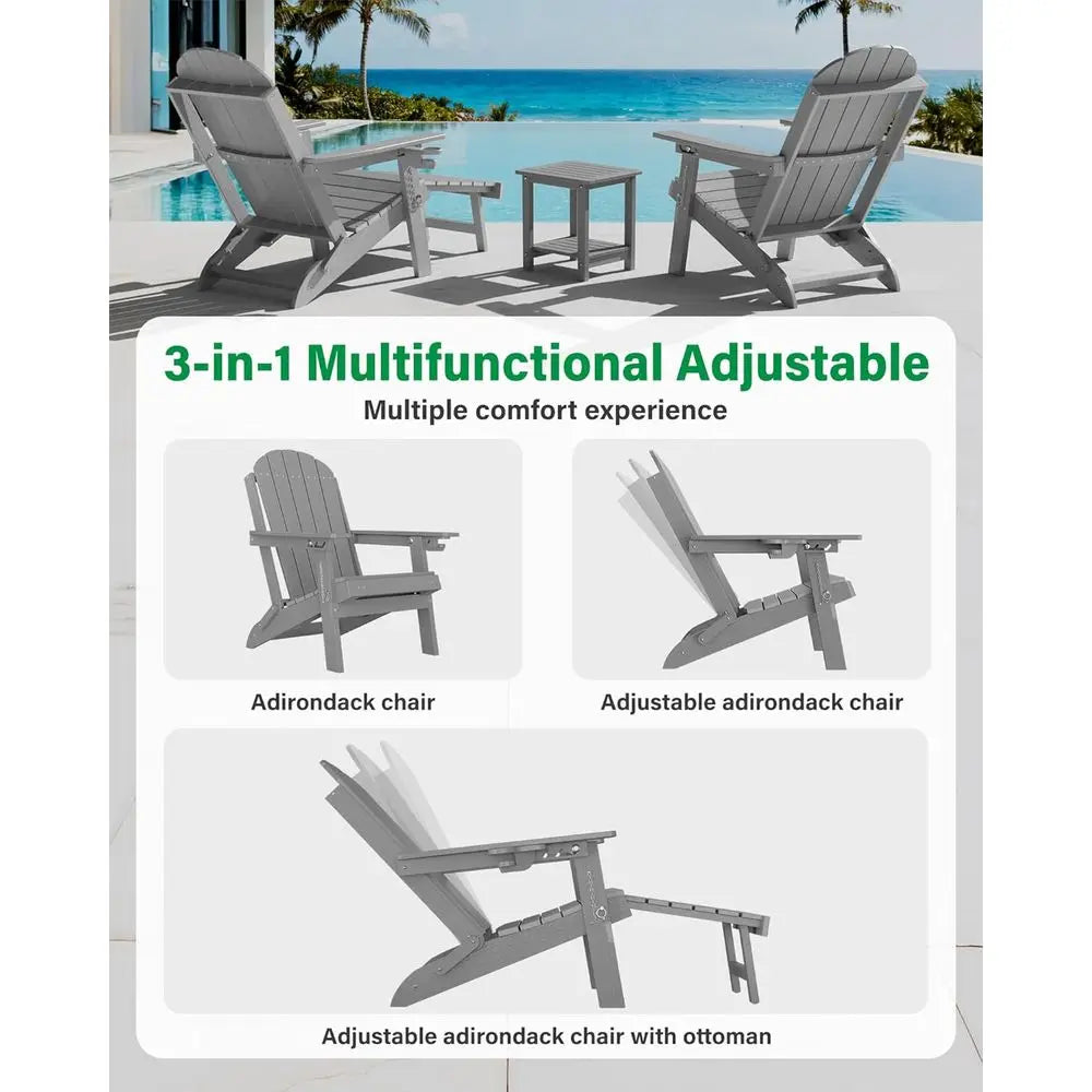 Weather-Resistant HDPE 2-Piece Adirondack Set, Adjustable Backrest, Ottoman & Cup Holder for Outdoor Patio/Porch/Fire Pit