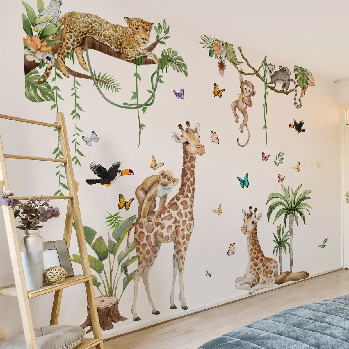 Large Forest Animals Wall Sticker Jungle Safari Giraffe Monkey Leopard Wallpaper for Kids Room Baby Bedroom Nursery Decoration