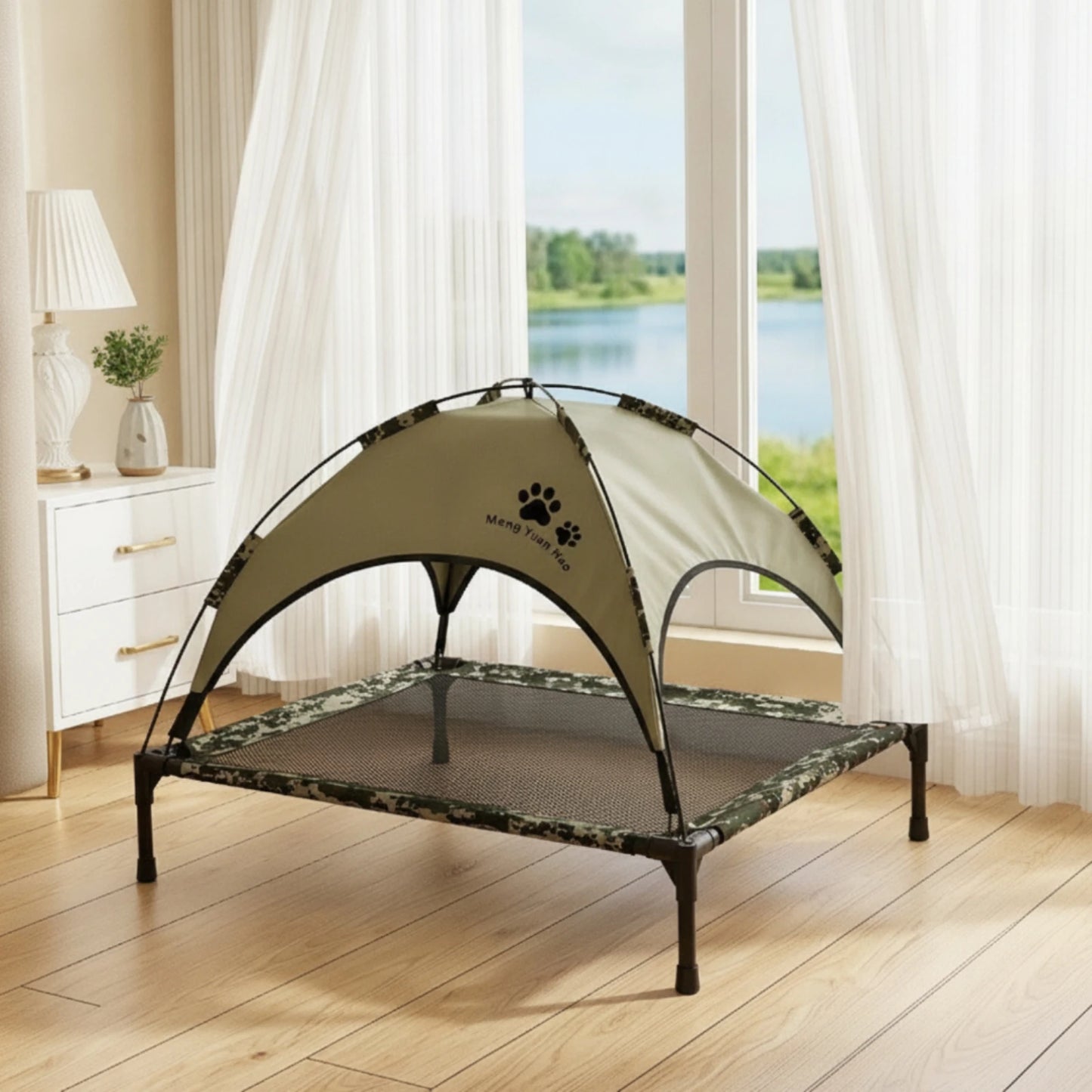 Pet Cot with Canopy Shaded Dog Bed with Sun Shade Tent Raised Dog Bed with Canopy Breathable for Pets, Backyard, Camping