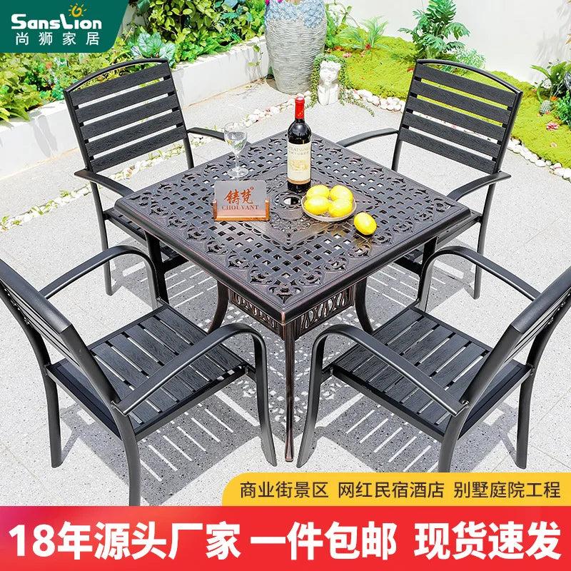 Plastic Timber Weatherproof Outdoor Furnishing Suite, Full Meal Assembly for Hotel Courtyard Open-air Leisure Dining