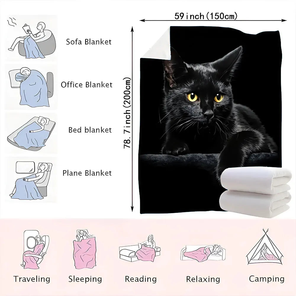 Black Cat Printed Throw Blanket - Glossy Textured Fleece, Dramatic Contrast Design, Perfect for Cozy Home Decor, Alert Relaxed C