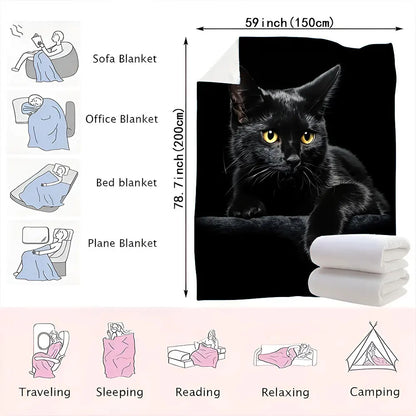 Black Cat Printed Throw Blanket - Glossy Textured Fleece, Dramatic Contrast Design, Perfect for Cozy Home Decor, Alert Relaxed C