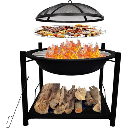 Outdoor Wood Fire Pit - 26" Steel BBQ Grill with Mesh Spark Screen, Log Grate, Fire Poker & Cover for Camping, Picnic, Bonfire -