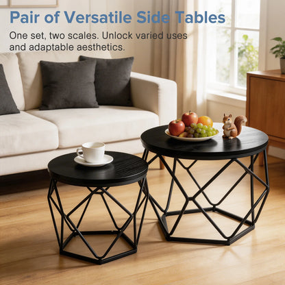 JHK 20IN Round Geometric Coffee Table Set of 2 Movable End Tables for Living Room Nesting Side Tables with Hidden Storage