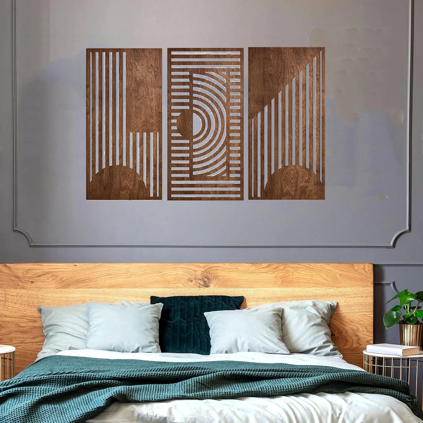 3 Pcs Geometric Wood Wall Art Decor, Wooden Minimalist Wall Hanging Decor, 3D Hollow Carved Craft Art Set, Boho Abstract
