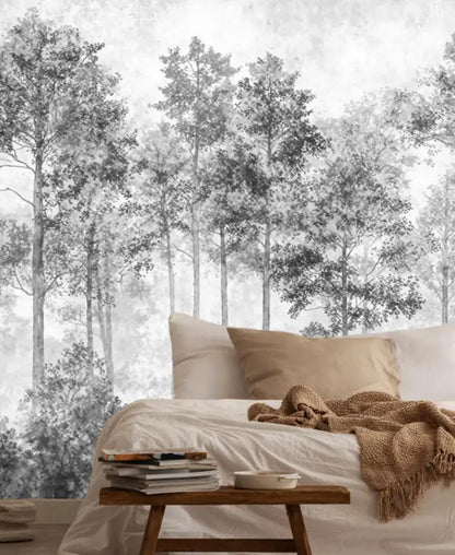 Customized French Wallpaper TV Background Wall Wallpaper Hand Drawn Black and White Forest Living Room Bedroom Papier Peint