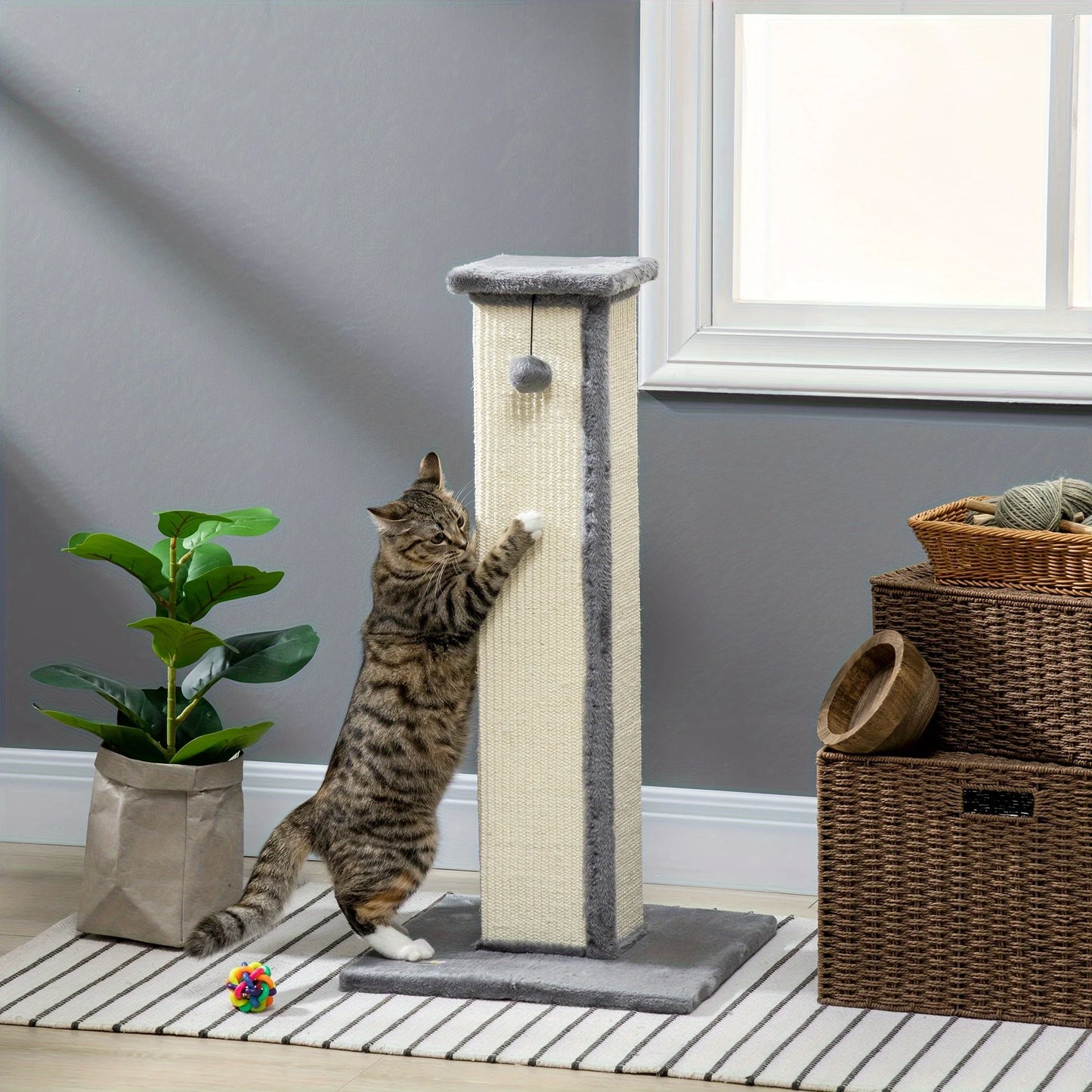 32" Tall Sisal Cat Scratching Post, PawHut Vertical Claw Scratcher For Indoor Cats And Kittens With Hanging Ball And Soft Plush