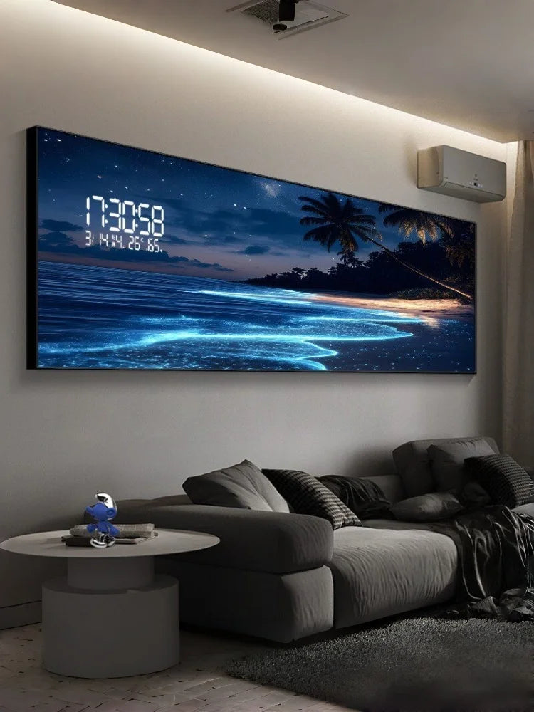 Modern Ocean Living Room Decoration Painting Led Electronic Clock Bedroom Bedhead Sofa Background Wall Wave Wall Light Lustre