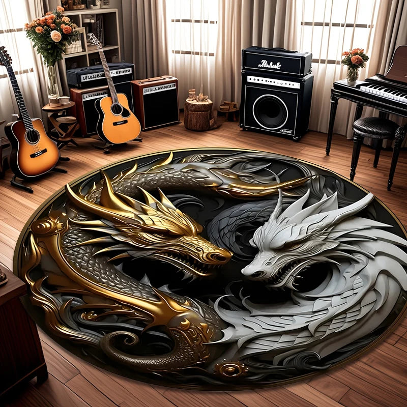 Round Yin Yang Dragon Koi Rug 2D Mythical Beast Rug Washable Non Slip Floor Mat for Living Room Bedroom Gaming Room Home Decor