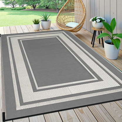 RURALITY Outdoor Rug  Waterproof for Patio Clearance Large Plastic Straw Mat for Camping Porch RV Reversible Grey&White