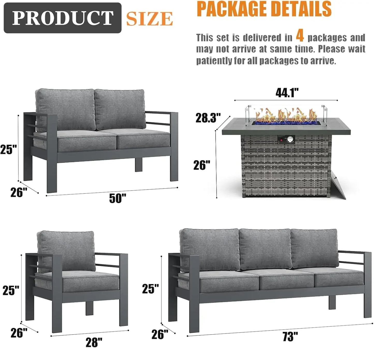5 Pieces Modern Aluminum Patio Furniture Set with Fire Pit Table, Outdoor Conversation Sets Metal Sectional Sofa