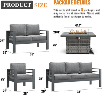 5 Pieces Modern Aluminum Patio Furniture Set with Fire Pit Table, Outdoor Conversation Sets Metal Sectional Sofa