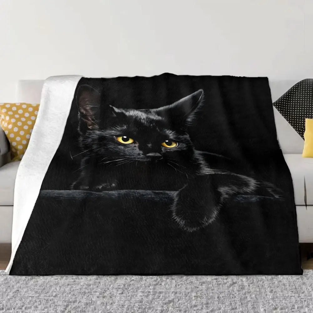 Black Cat Printed Throw Blanket - Glossy Textured Fleece, Dramatic Contrast Design, Perfect for Cozy Home Decor, Alert Relaxed C