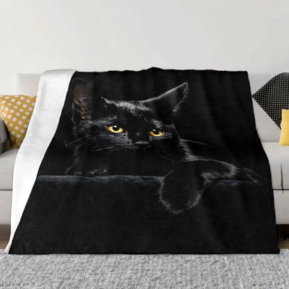 Black Cat Printed Throw Blanket - Glossy Textured Fleece, Dramatic Contrast Design, Perfect for Cozy Home Decor, Alert Relaxed C