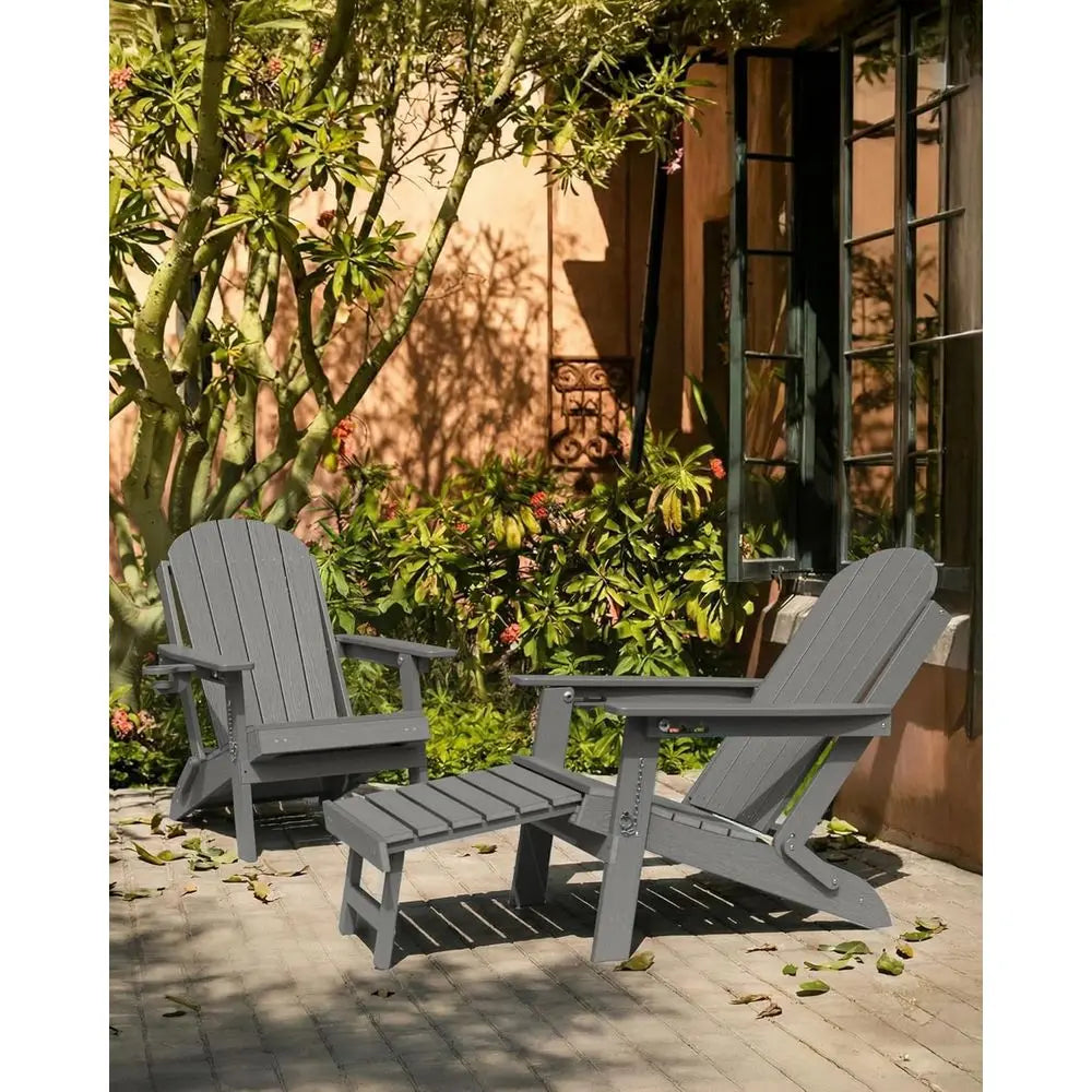 Weather-Resistant HDPE 2-Piece Adirondack Set, Adjustable Backrest, Ottoman & Cup Holder for Outdoor Patio/Porch/Fire Pit
