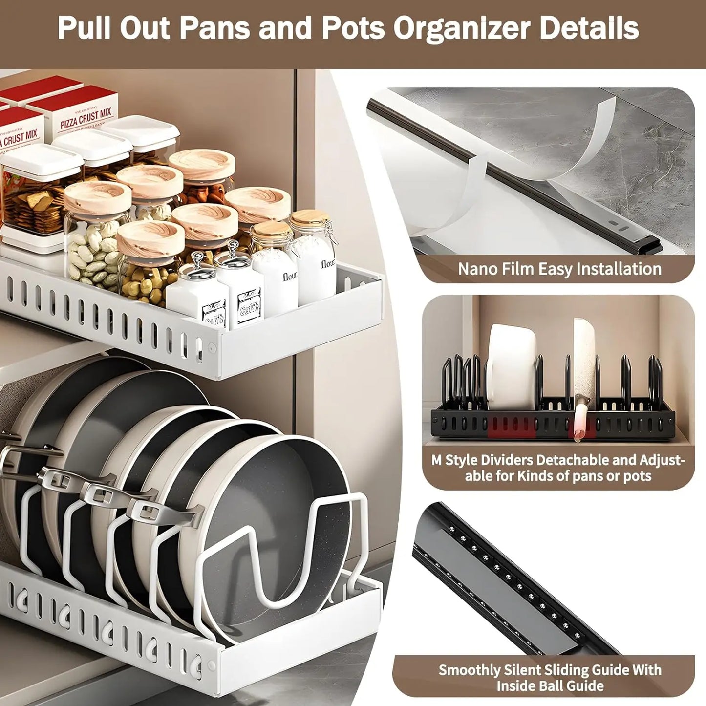Pull-out pot rack organizer with adjustable shelves, space-saving kitchen cabinet storage