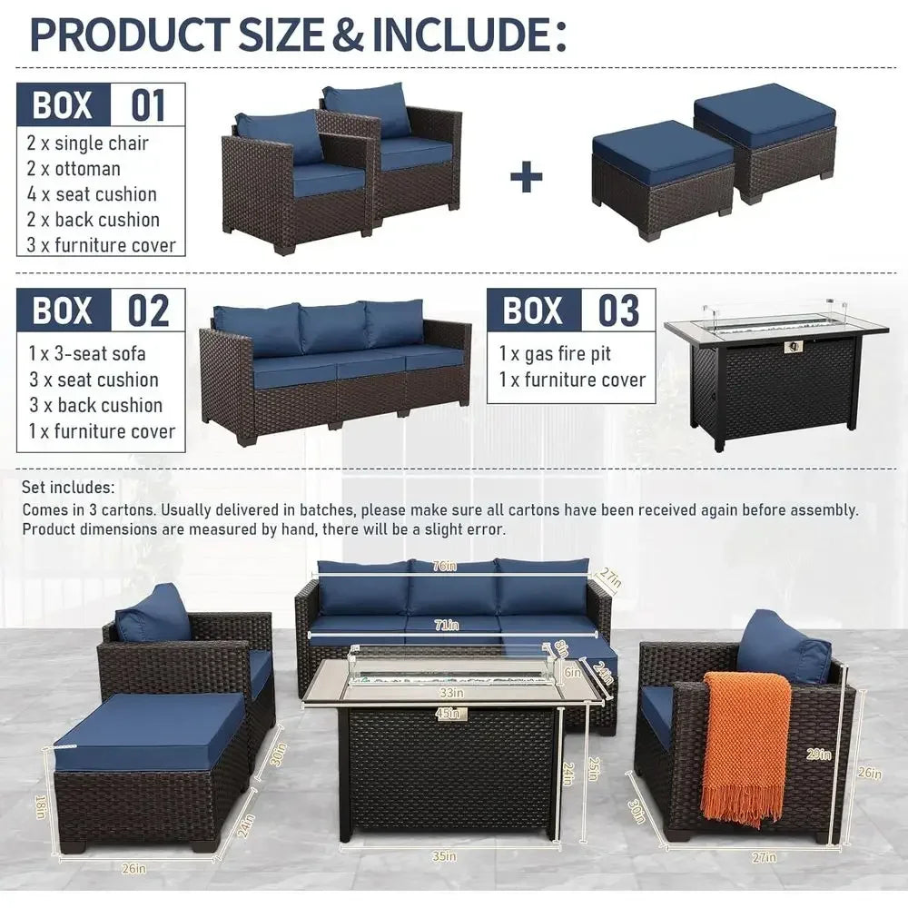 6-Piece Outdoor Patio Furniture Set with 45 Propane Fire Pit, Navy Blue Wicker Sofa, Non-Slip Cushions, Waterproof Covers