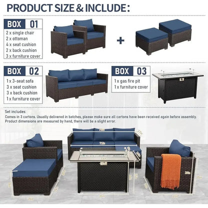 6-Piece Outdoor Patio Furniture Set with 45 Propane Fire Pit, Navy Blue Wicker Sofa, Non-Slip Cushions, Waterproof Covers