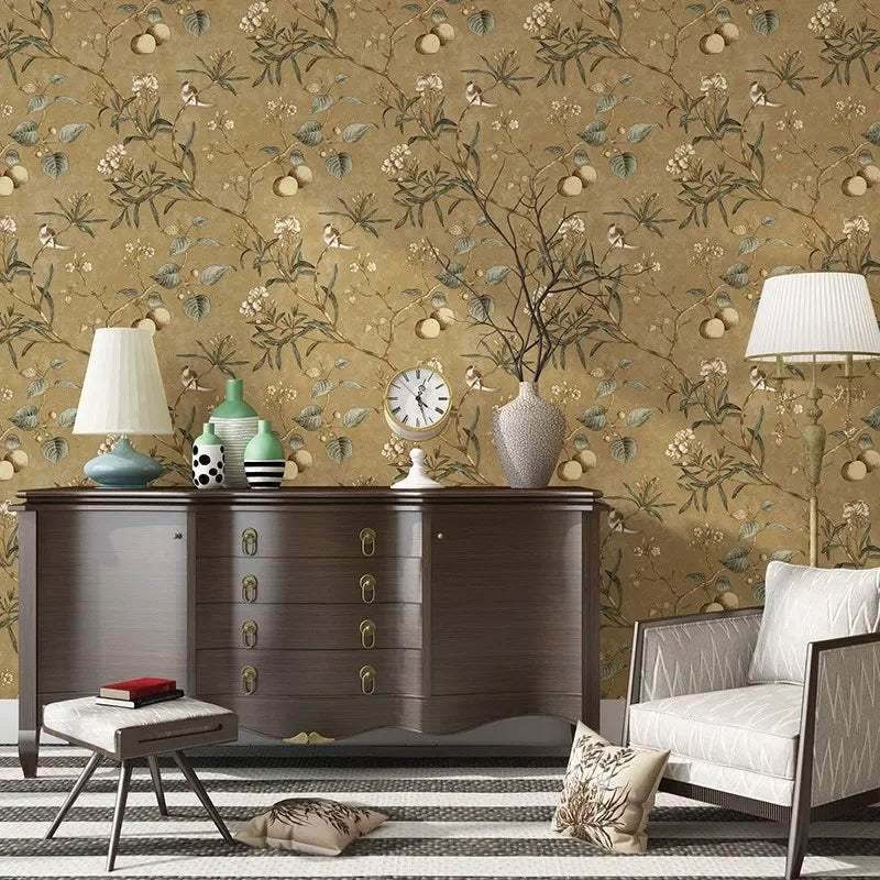 Country Wallpaper Idyllic Style Retro Nostalgic Bedroom Dark Green Flowers and Birds TV Background Wallpaper Non Self-adhesive
