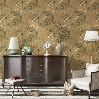 Country Wallpaper Idyllic Style Retro Nostalgic Bedroom Dark Green Flowers and Birds TV Background Wallpaper Non Self-adhesive
