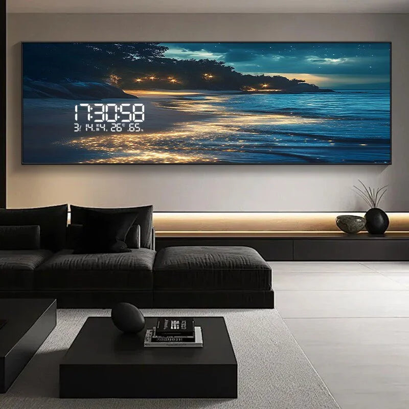 Modern Ocean Living Room Decoration Painting Led Electronic Clock Bedroom Bedhead Sofa Background Wall Wave Wall Light Lustre