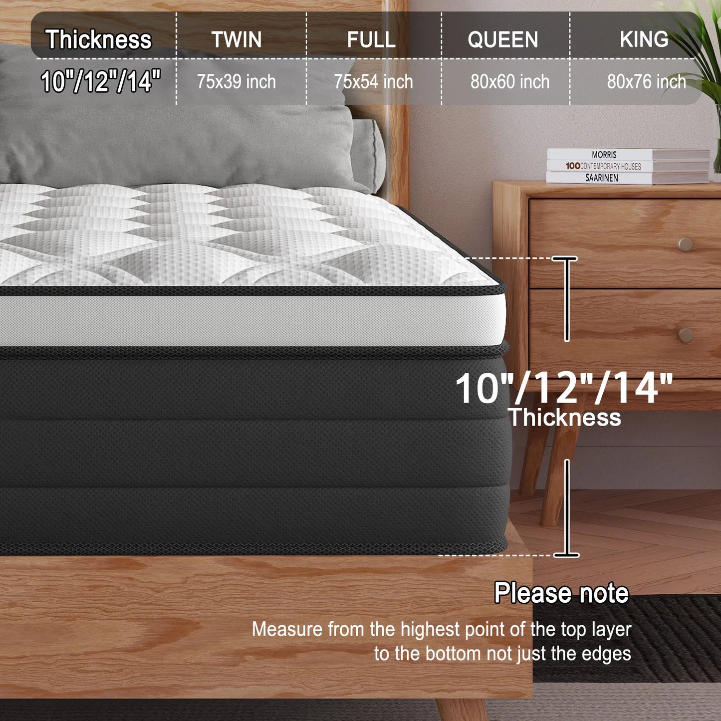 12"14" Gel Memory Foam Hybrid Pocket Spring Mattress Twin Full King Queen Bed Mattress In A Box, Medium Firm Motion Isolation
