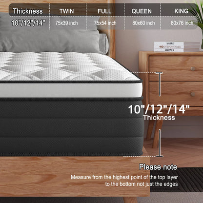 12"14" Gel Memory Foam Hybrid Pocket Spring Mattress Twin Full King Queen Bed Mattress In A Box, Medium Firm Motion Isolation